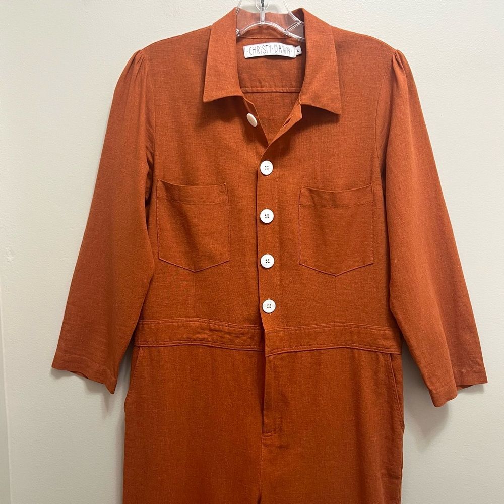 Christy Dawn Linen Painter Jumpsuit Long Sleeve in Rust Size L - Picture 4 of 13